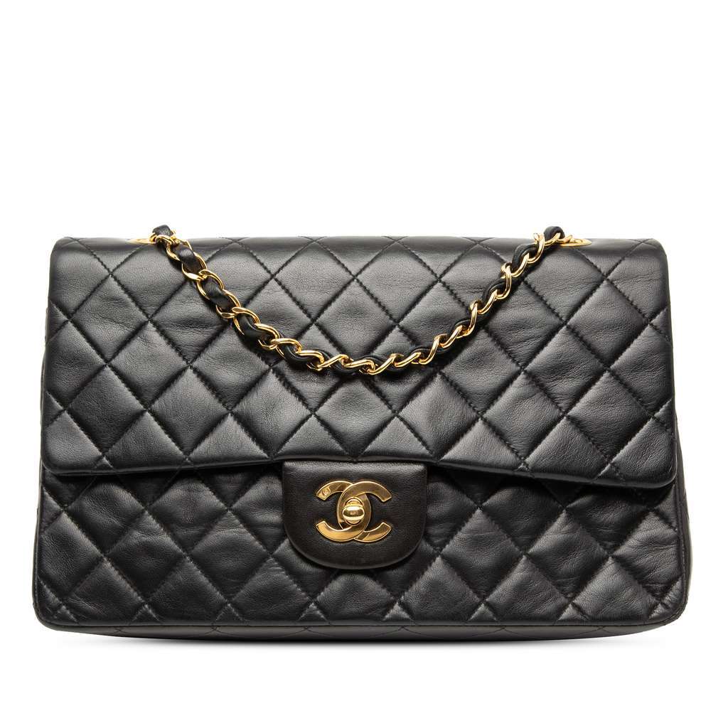 Chanel Medium Classic Lambskin Double Flap Black Leather Very good condition - Front View