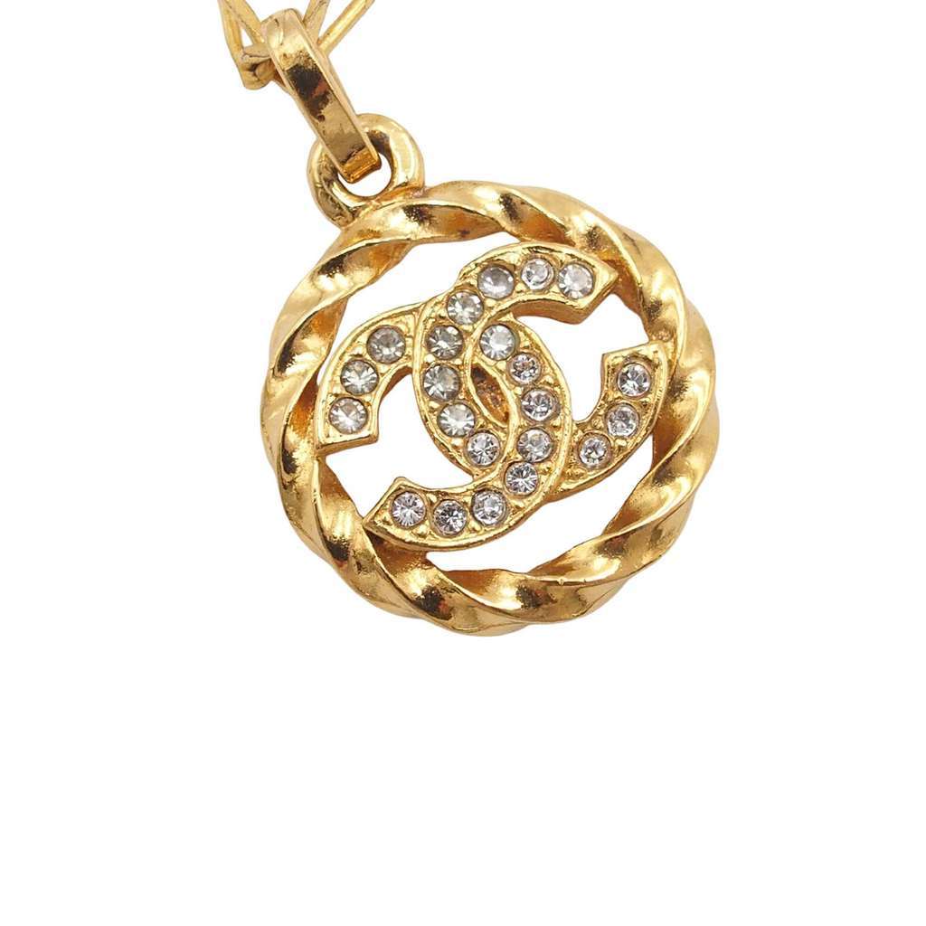 Chanel CC Gold Plated Strass Round Pendant Necklace Gold Metal Very good - Back View