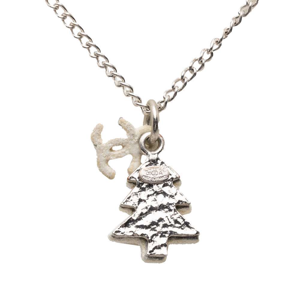 Chanel Silver Plated CC Christmas Tree Pendant Necklace Silver Metal Very good - Back View