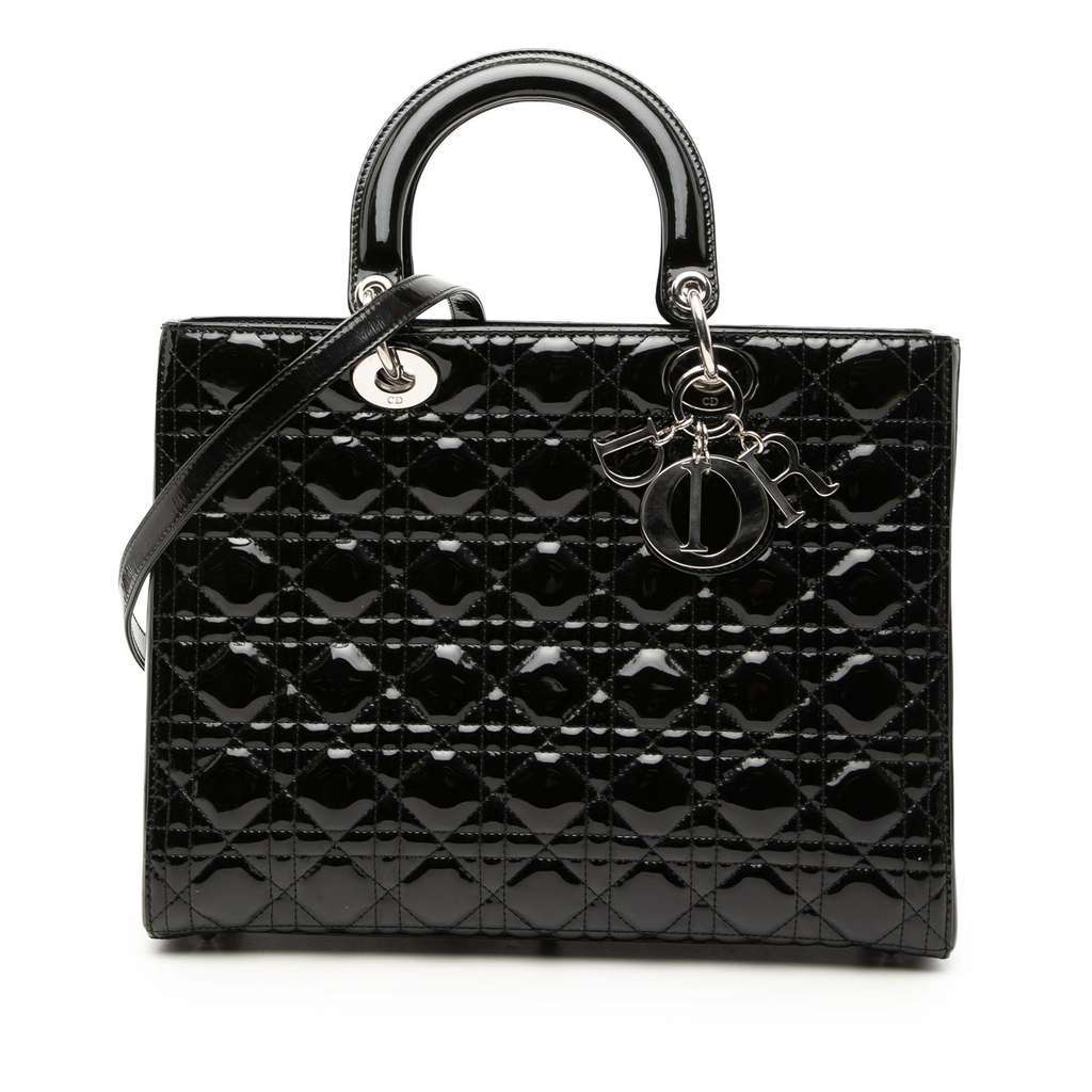 Dior Large Patent Cannage Lady Dior Black Leather Good - Front View