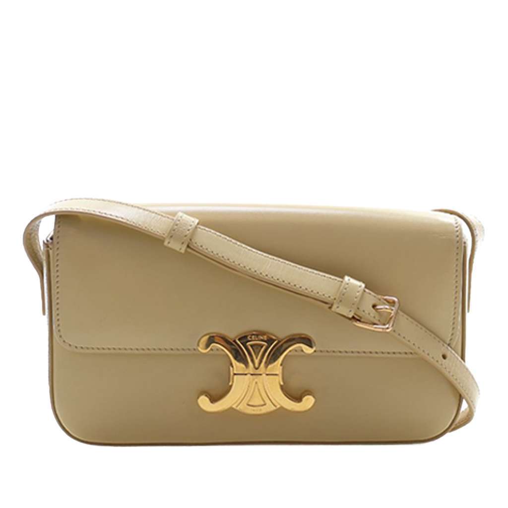 Celine Shiny Calfskin Triomphe Claude Shoulder Bag Beige Leather Never worn - Front View