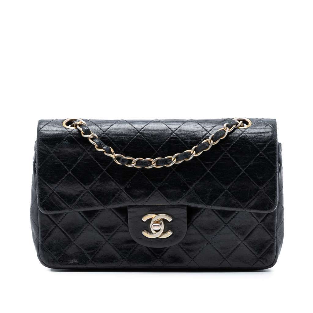 Chanel Small Classic Lambskin Double Flap Black Leather Good - Front View