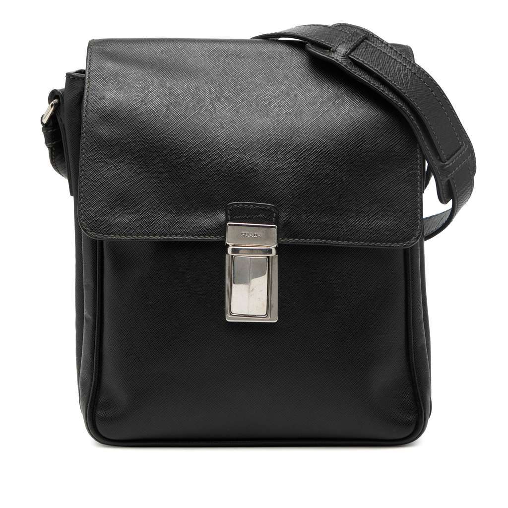 Prada Saffiano Travel Messenger Bag Black Leather Good - Front View