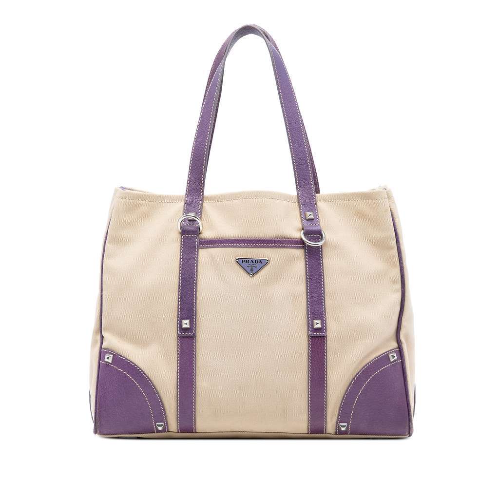 Prada Studded Leather Trimmed Canvas Front Pocket Tote Brown Canvas Very good - Front View