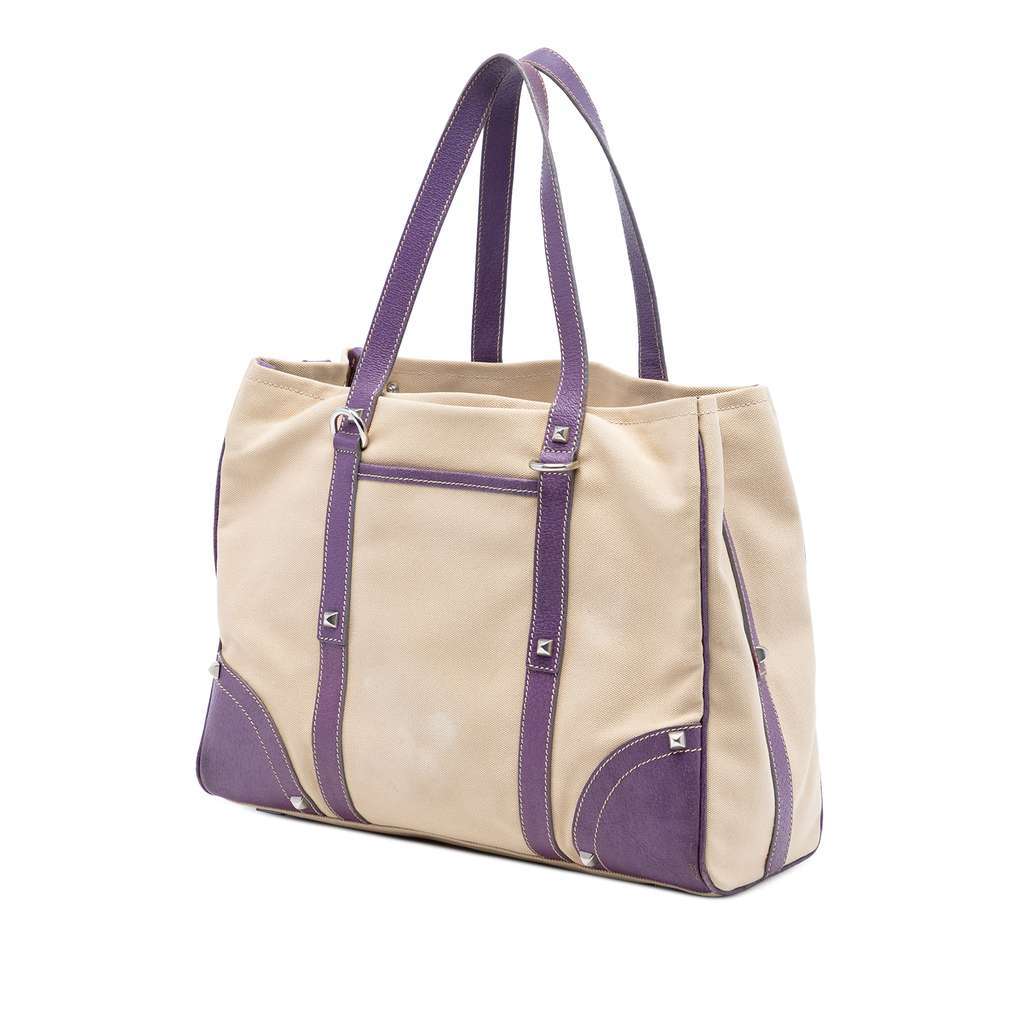 Prada Studded Leather Trimmed Canvas Front Pocket Tote Brown Canvas Very good - Back View