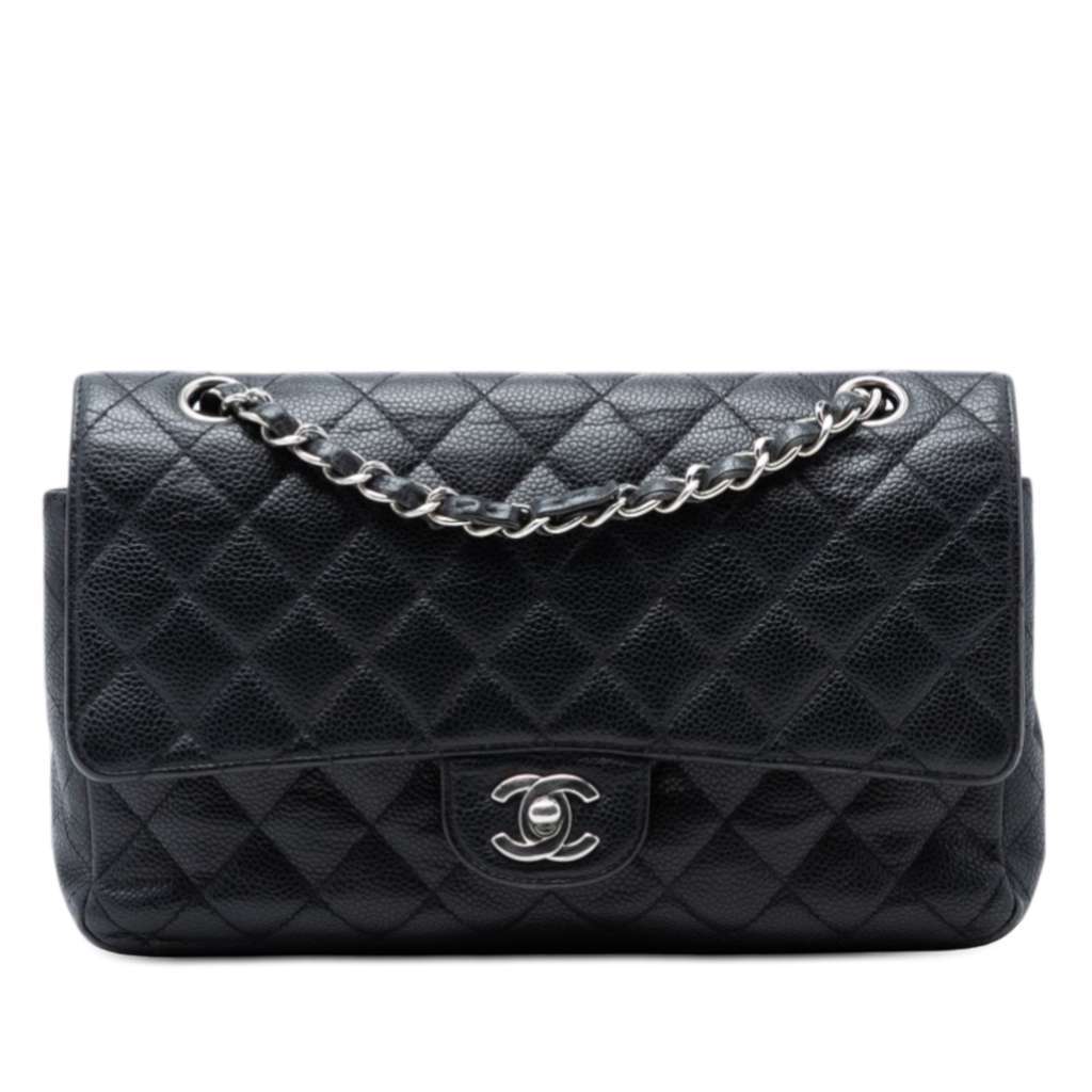 Chanel Medium Classic Caviar Double Flap Black Leather Very good - Front View