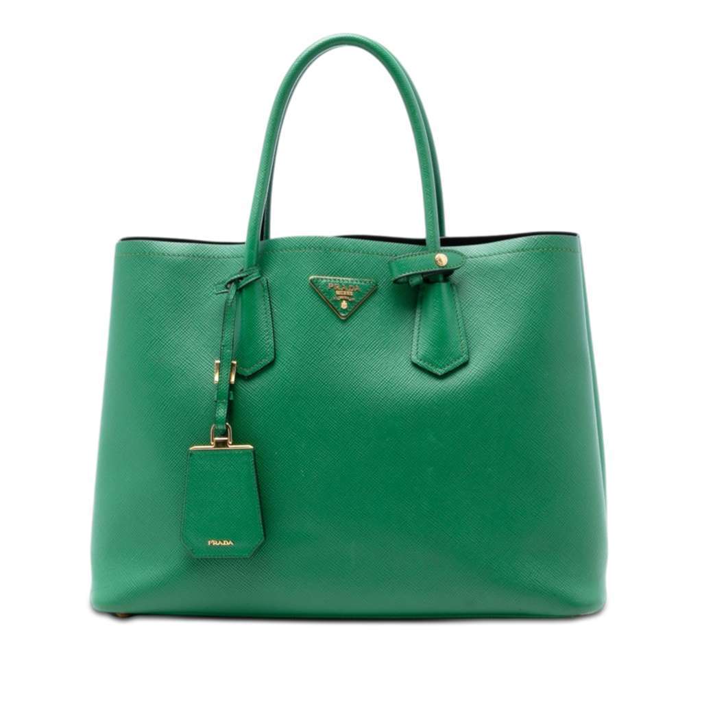 Prada Medium Saffiano Cuir Double Satchel Green Leather Very good - Front View