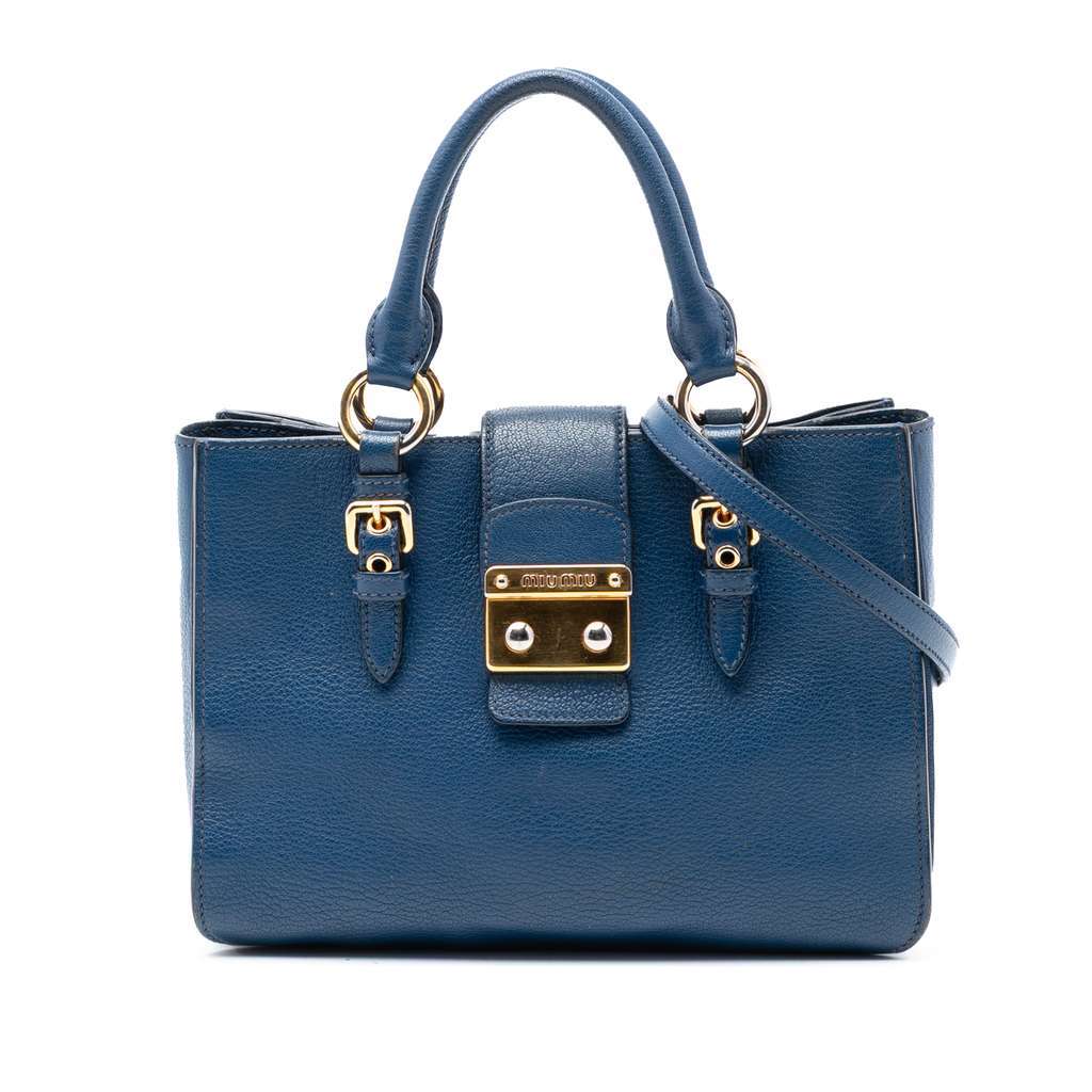 Miu Miu Goatskin Madras Satchel Blue Leather Good - Front View