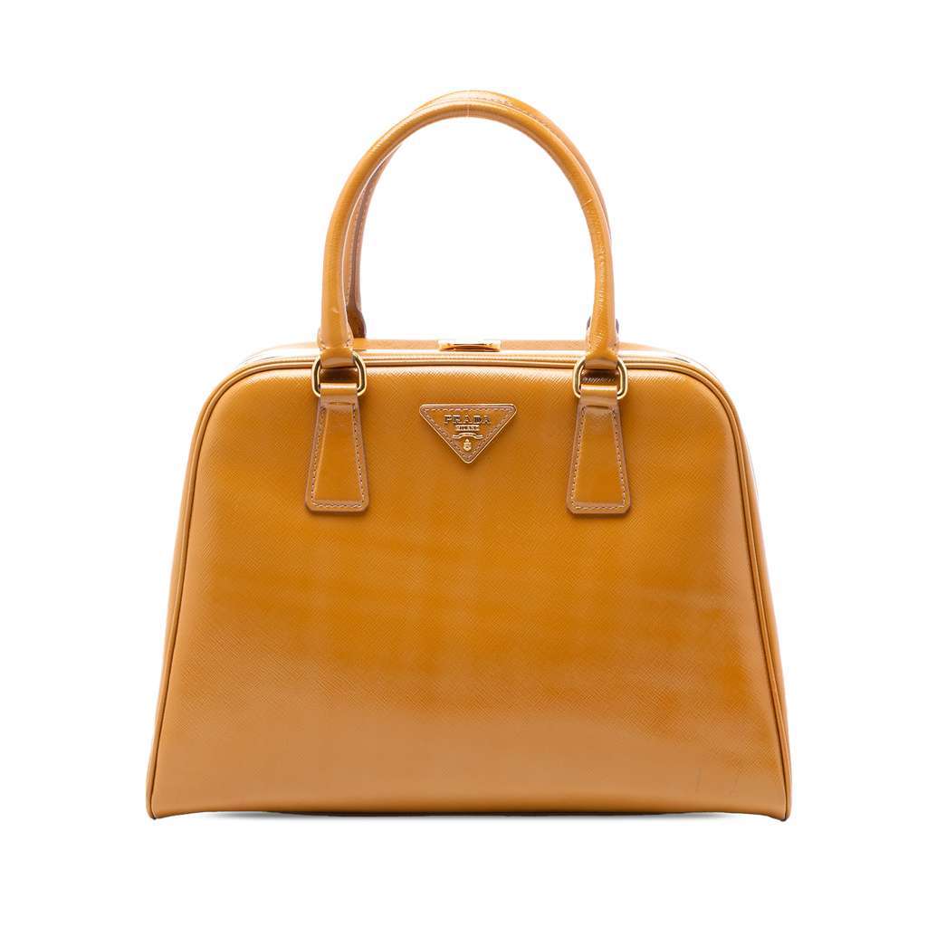 Prada Saffiano Vernice Pyramid Frame Handbag Brown Leather Good - Front View