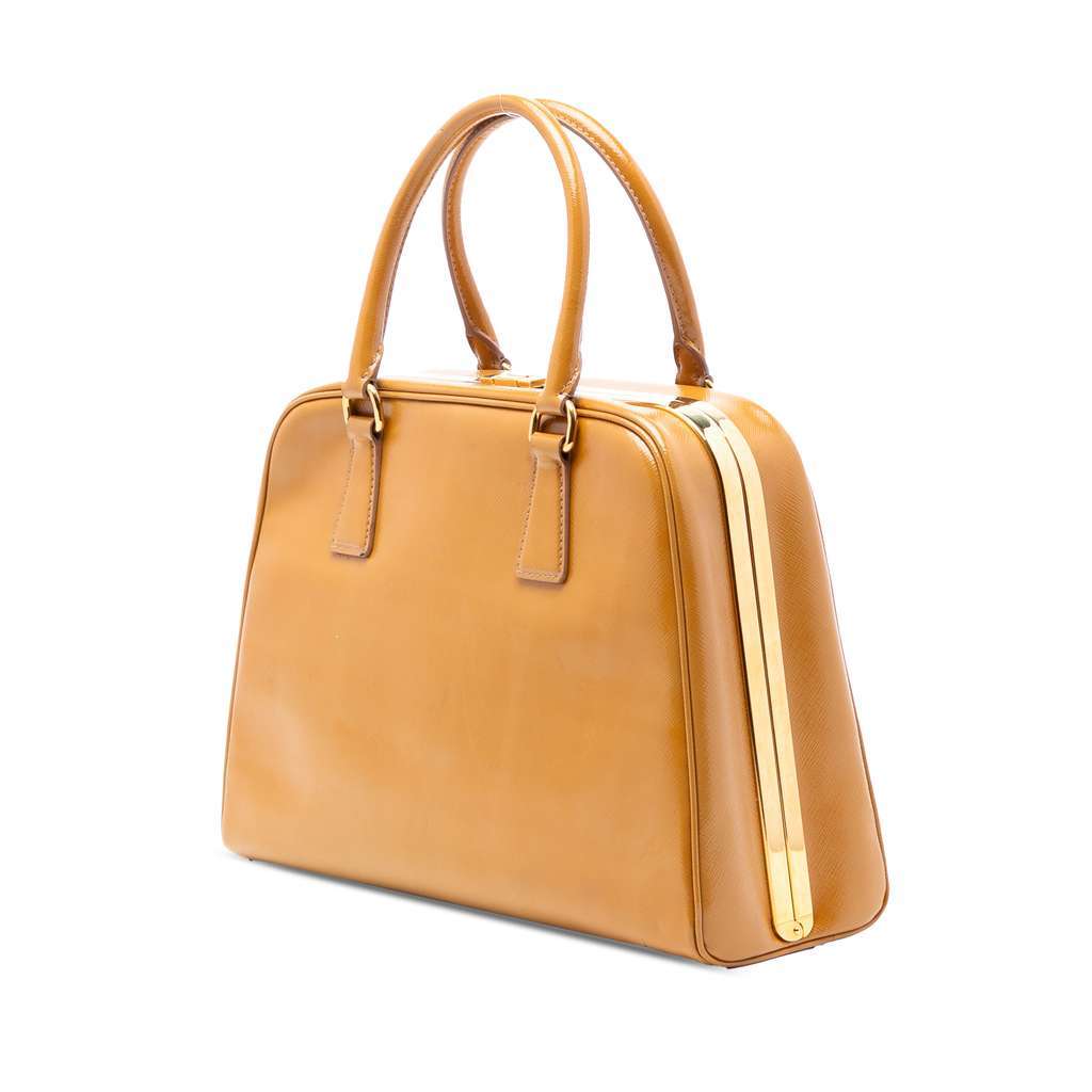 Prada Saffiano Vernice Pyramid Frame Handbag Brown Leather Good - Back View