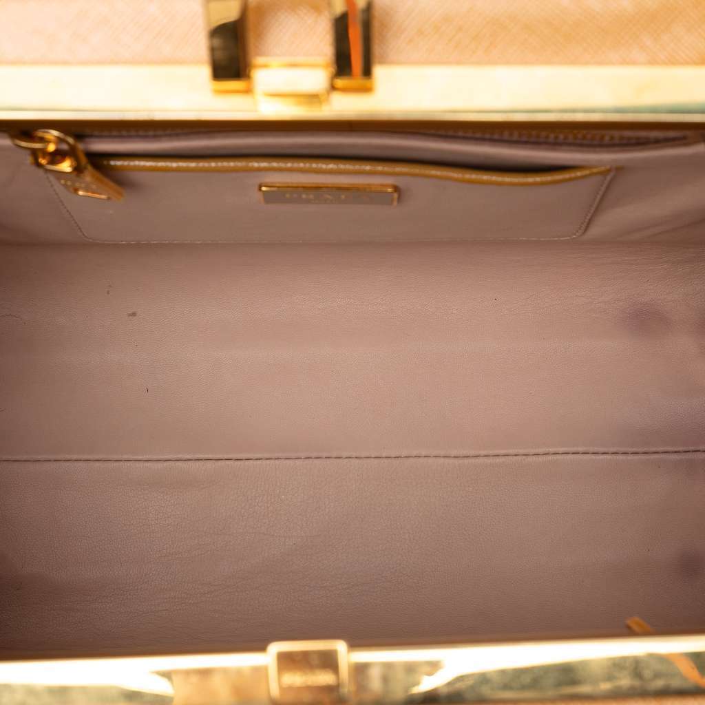 Prada Saffiano Vernice Pyramid Frame Handbag Brown Leather Good - Model View