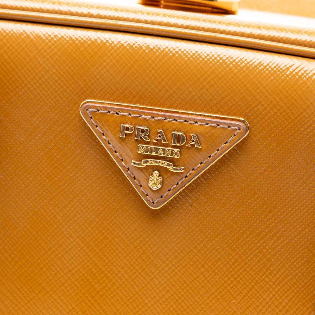 Prada Saffiano Vernice Pyramid Frame Handbag Brown Leather Good - Box View