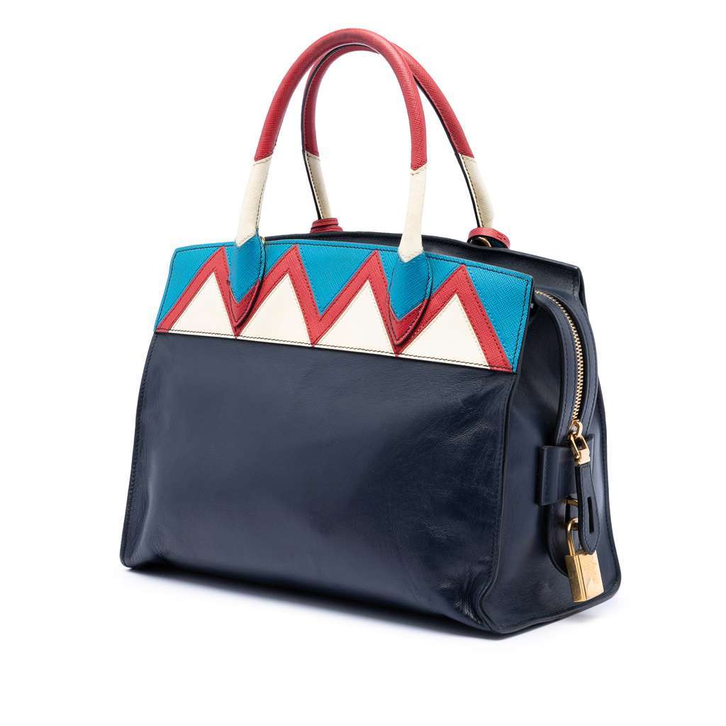 Prada Medium Saffiano Trimmed City Calf Greca Esplanade Satchel Blue Leather Very good - Back View