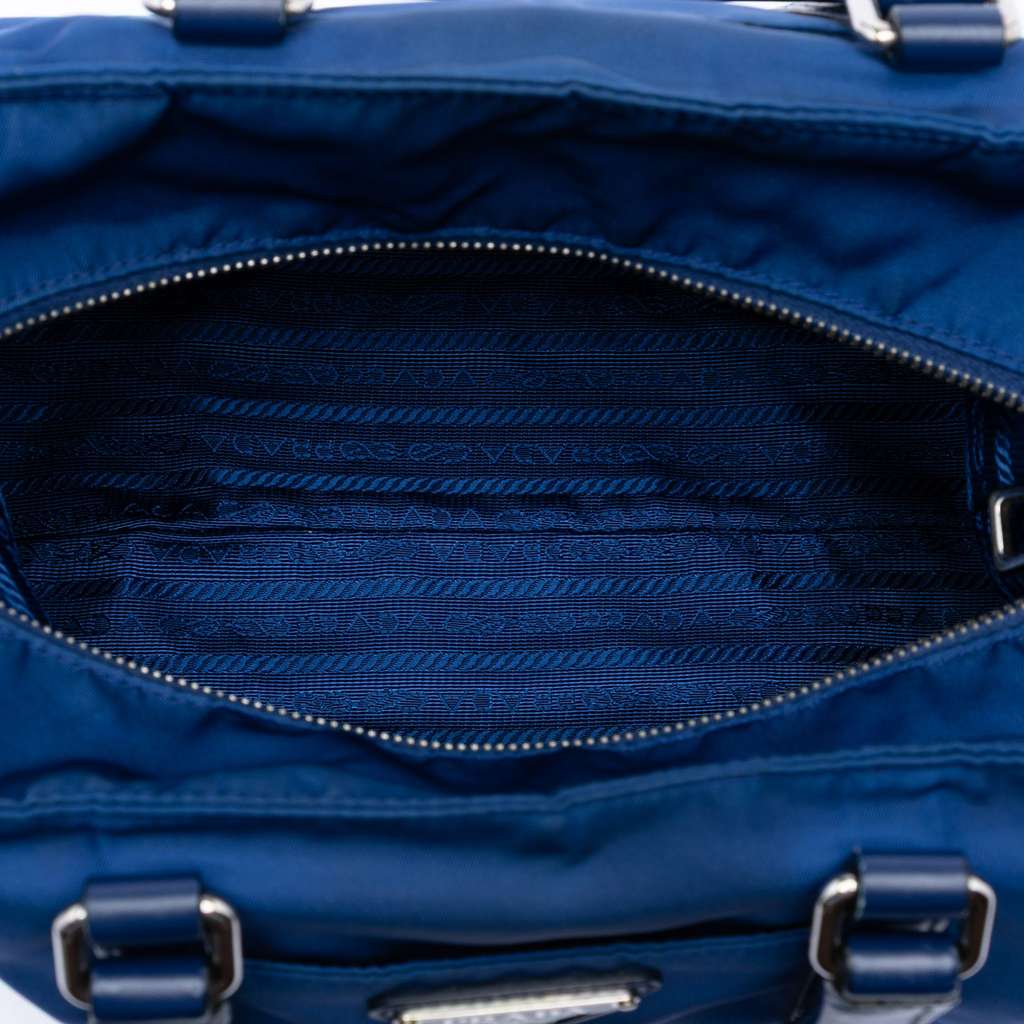Prada Vitello Trimmed Tessuto Satchel Blue Very good - Model View