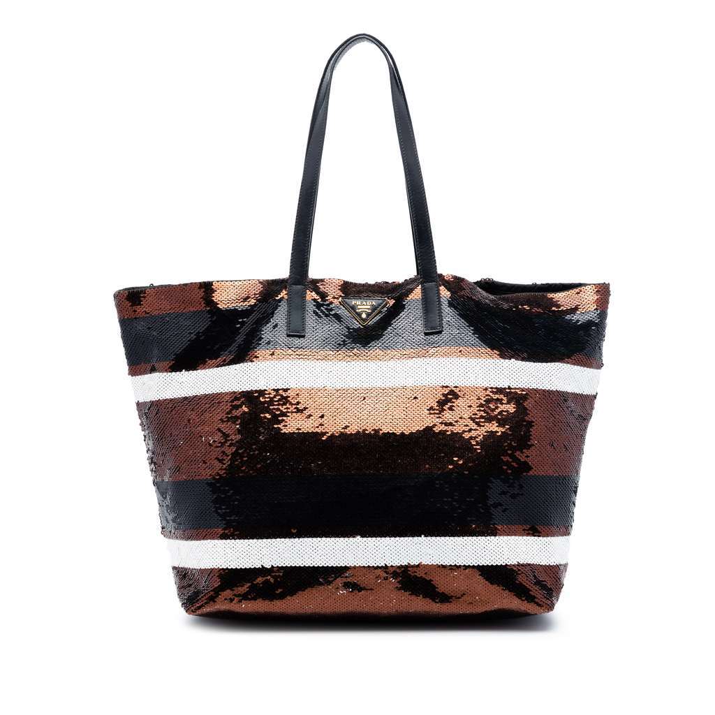 Prada Sequined Satin Stripes Tote Brown Satin Very good - Front View