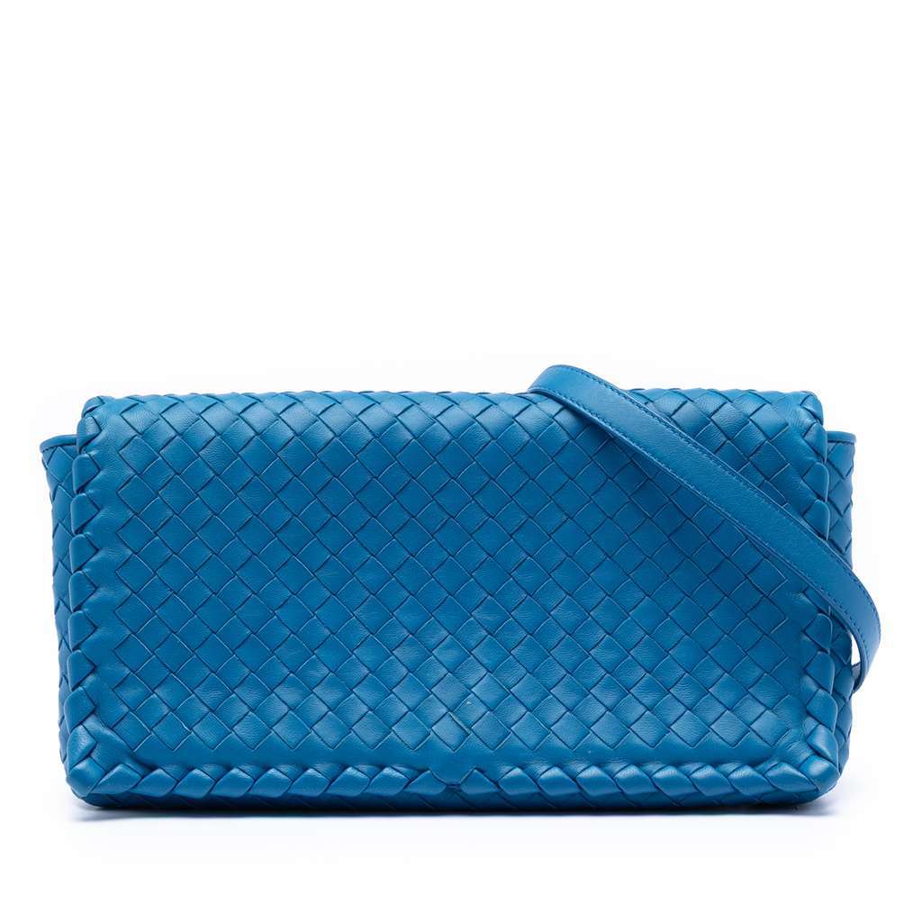 Bottega Veneta Nappa Intrecciato Flap Crossbody Blue Leather Very good - Front View