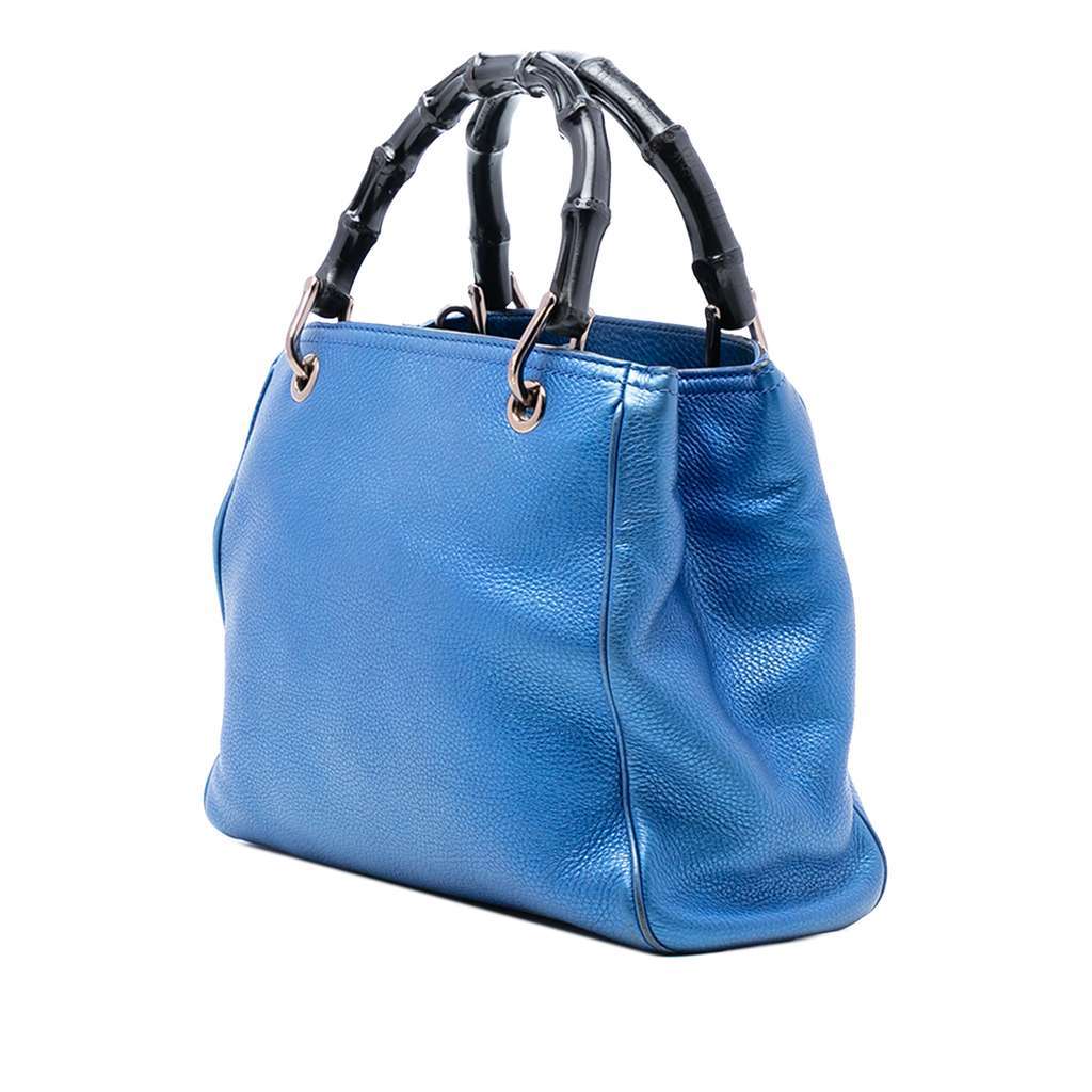 Gucci Small Metallic Calfskin Bamboo Shopper Satchel Blue Leather Very good - Back View