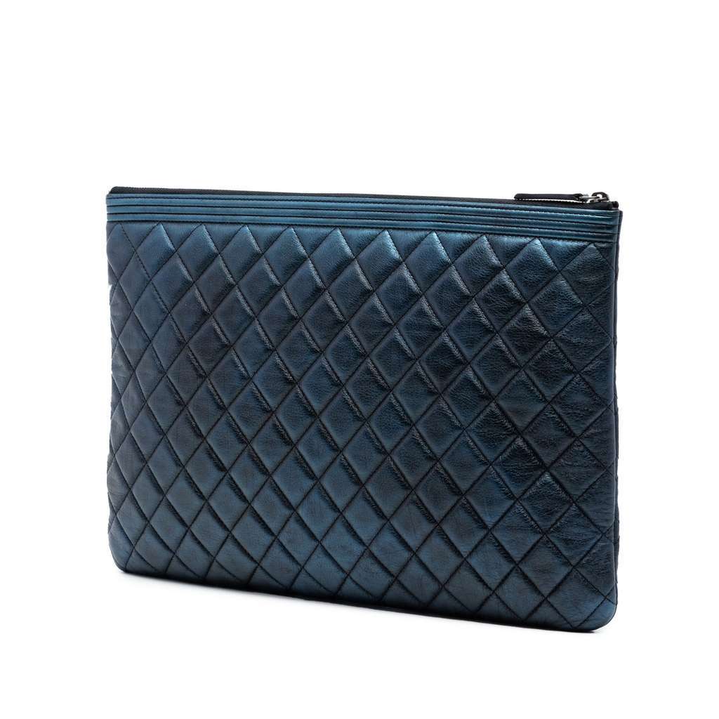 Chanel Large Quilted Metallic Lambskin Boy O Case Clutch Blue Leather Very good - Back View