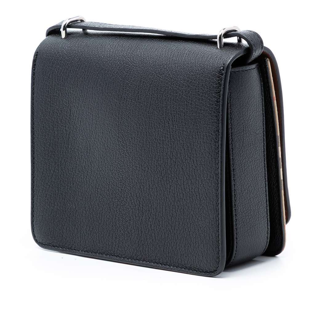 Burberry Small House Check Trimmed Goatskin D Ring Crossbody Black Leather Very good - Back View