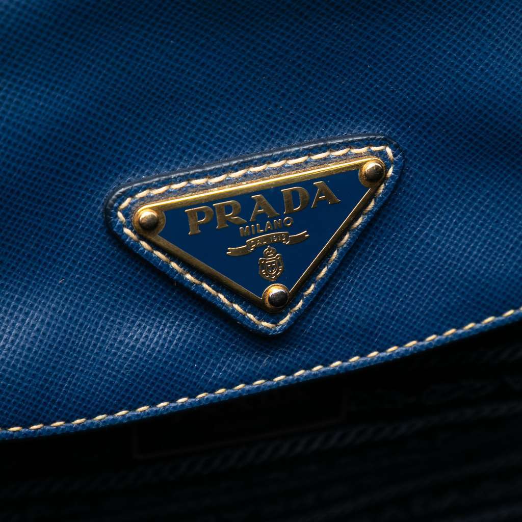 Prada Saffiano Trimmed Tessuto Satchel Blue Very good - Box View