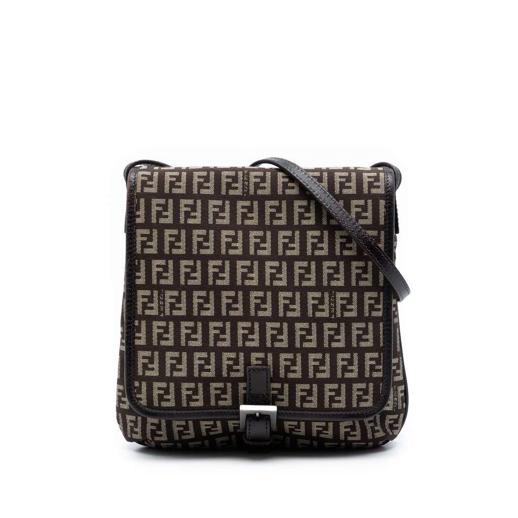 Fendi Zucchino Canvas Flap Crossbody Brown Canvas Very good - Front View