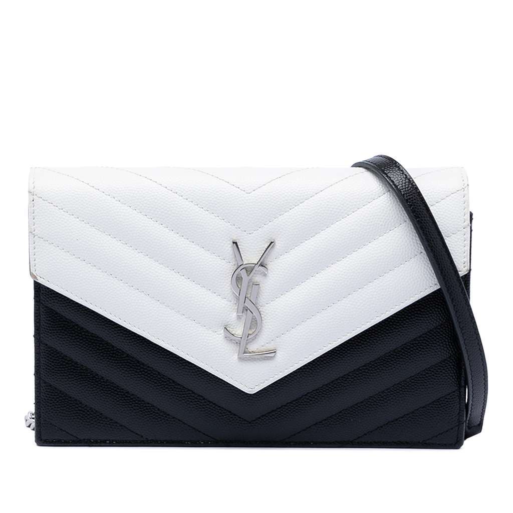 Saint Laurent Bicolor Grain De Poudre Chevron Monogram Envelope Chain Wallet Black Leather Very good - Front View
