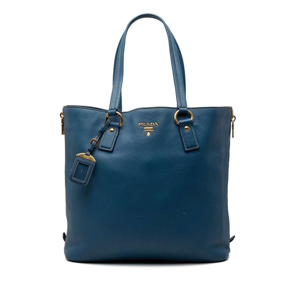 Prada Vitello Daino Side Zip Shopper Tote Blue Leather Very good - Front View