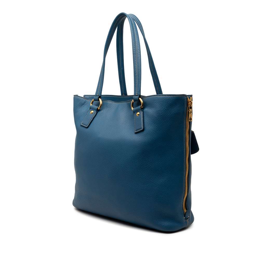 Prada Vitello Daino Side Zip Shopper Tote Blue Leather Very good - Back View