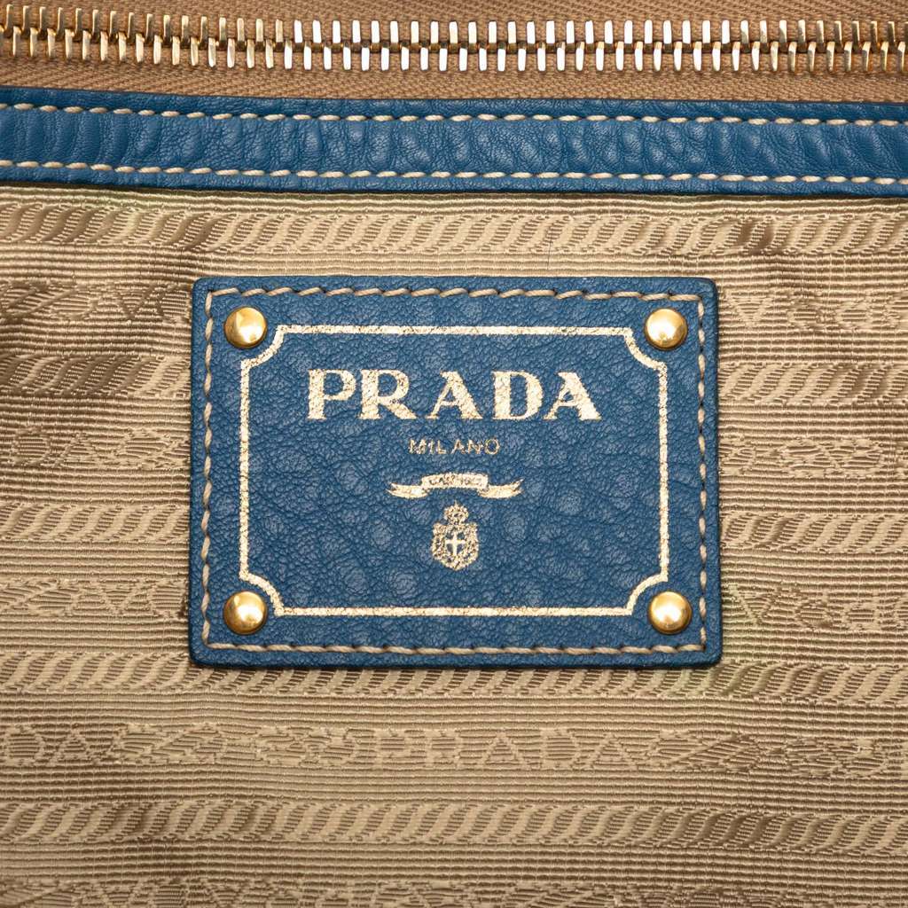 Prada Vitello Daino Side Zip Shopper Tote Blue Leather Very good - Box View
