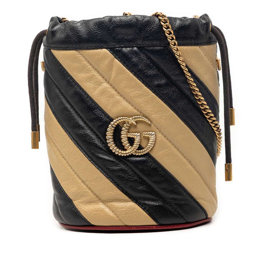 Gucci Mini GG Marmont Matelasse Diagonal Leather Torchon Bucket Bag Beige Leather Very good - Front View