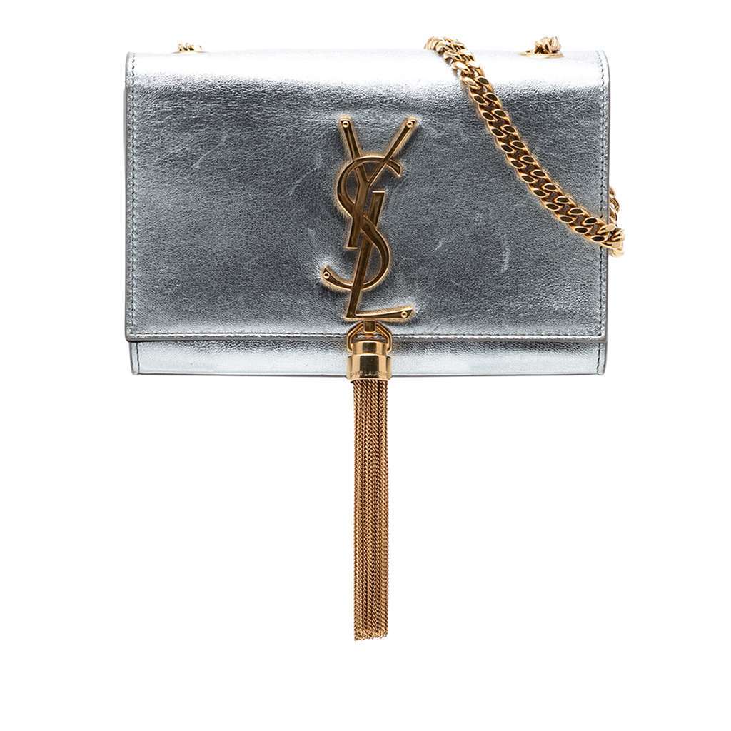Saint Laurent Small Metallic Calfskin Monogram Kate Tassel Crossbody Silver Leather Very good - Front View