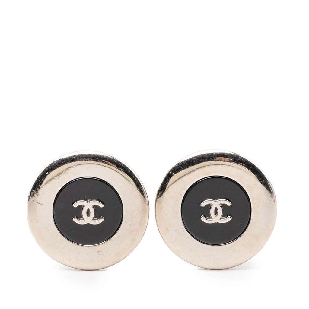 Chanel Silver Plated and Enamel CC Button Clip On Earrings Silver Metal Very good - Front View