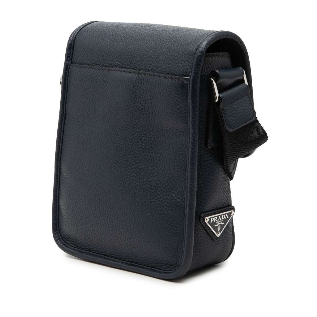 Prada Vitello Phenix Buckle Messenger Bag Blue Leather Very good condition - Back View