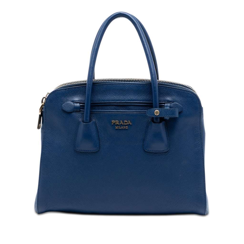 Prada Saffiano Cuir Double Zip Top Handle Bag Blue Leather Very good - Front View