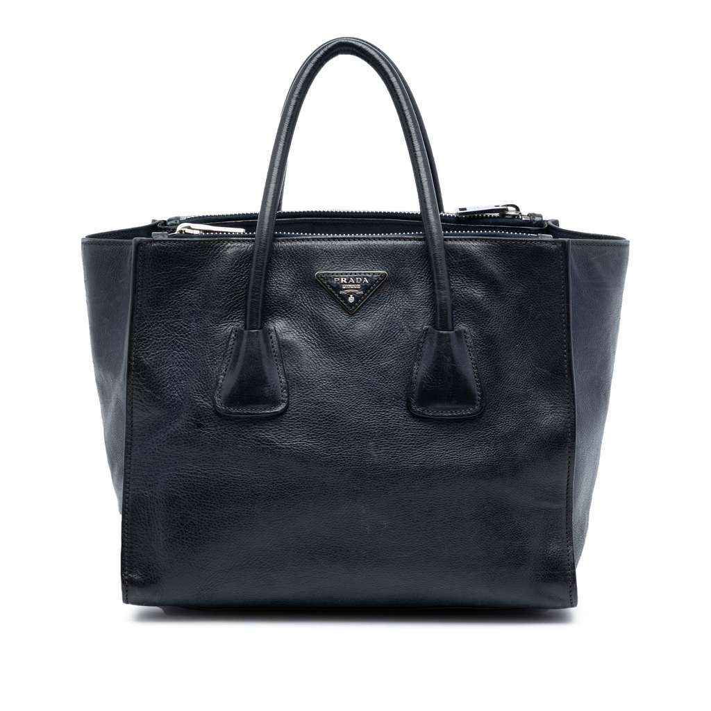Prada Glace Calf Twin Pocket Double Handle Satchel Blue Leather Very good - Front View