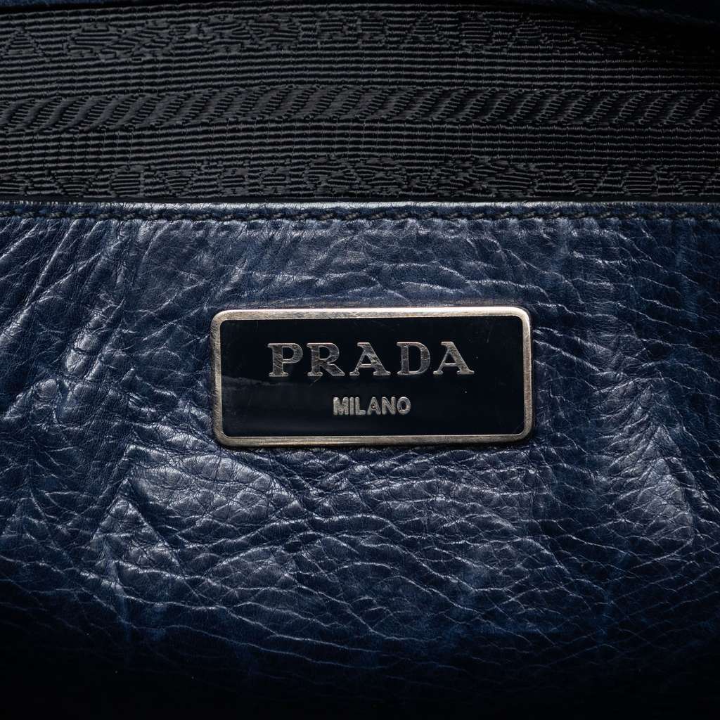 Prada Glace Calf Twin Pocket Double Handle Satchel Blue Leather Very good - Box View
