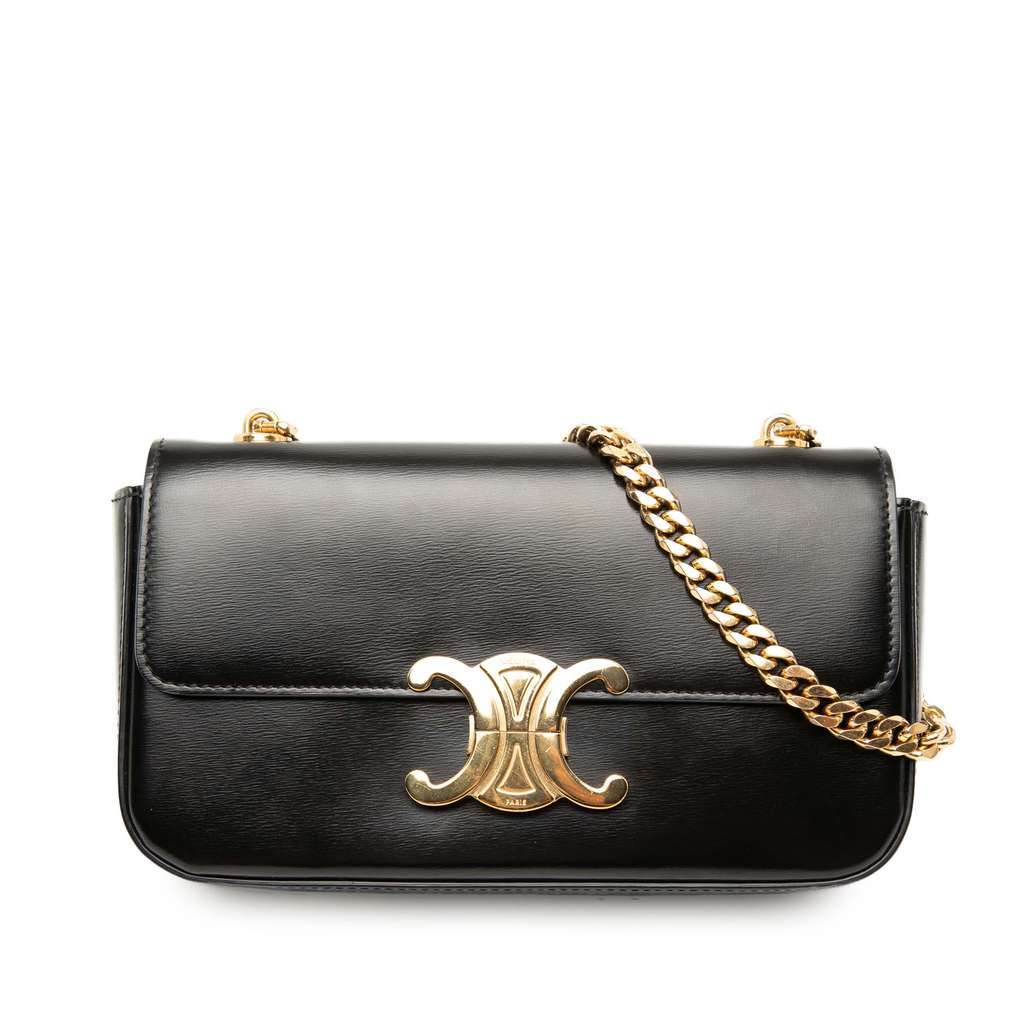 Celine Shiny Calfskin Claude Chain Shoulder Bag Black Leather Very good - Front View