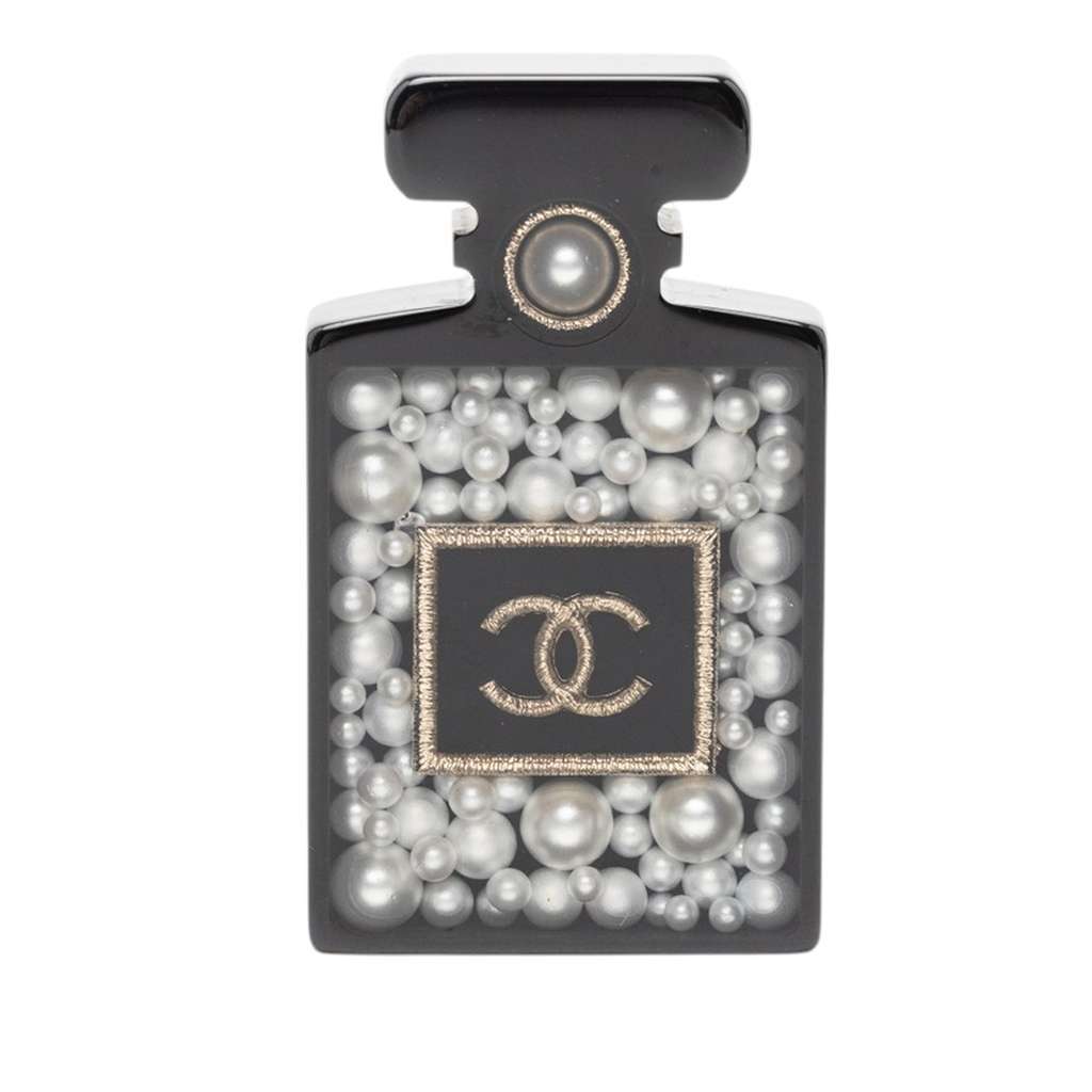 Chanel CC Resin and Faux Pearl Perfume Bottle Pin Brooch Black Very good - Front View