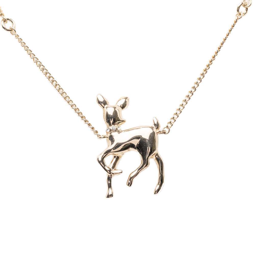 Chanel CC Brass Faux Pearl and Strass Deer Pendant Necklace Gold Metal Very good - Back View