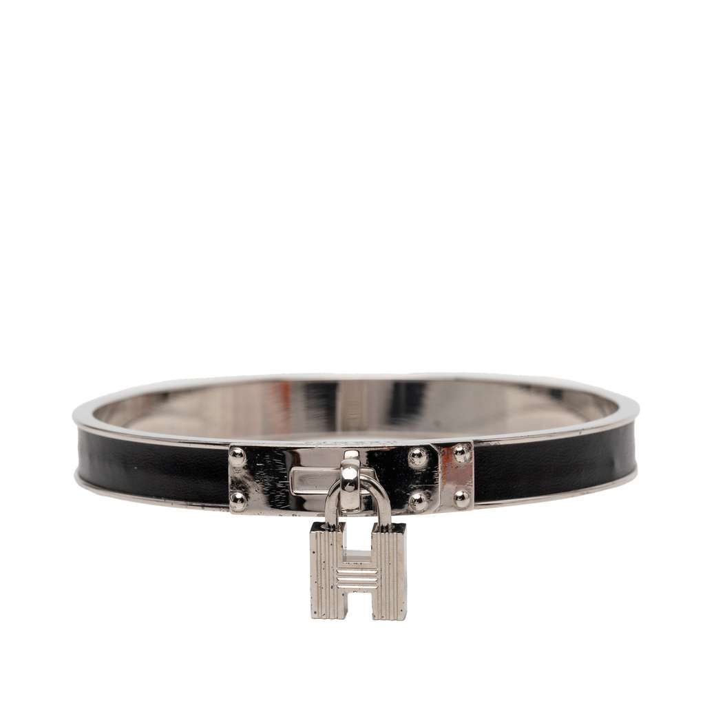 Hermès Palladium Plated Leather Kelly Cadena Lock Bangle Bracelet Silver Metal Very good - Front View