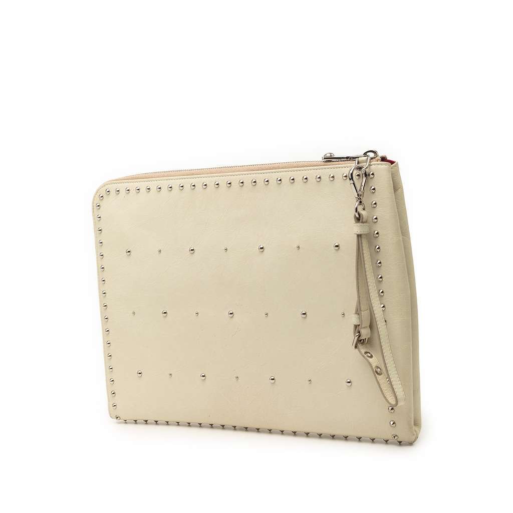 Miu Miu Faux Pearl Studded Leather Clutch White Leather Very good - Back View