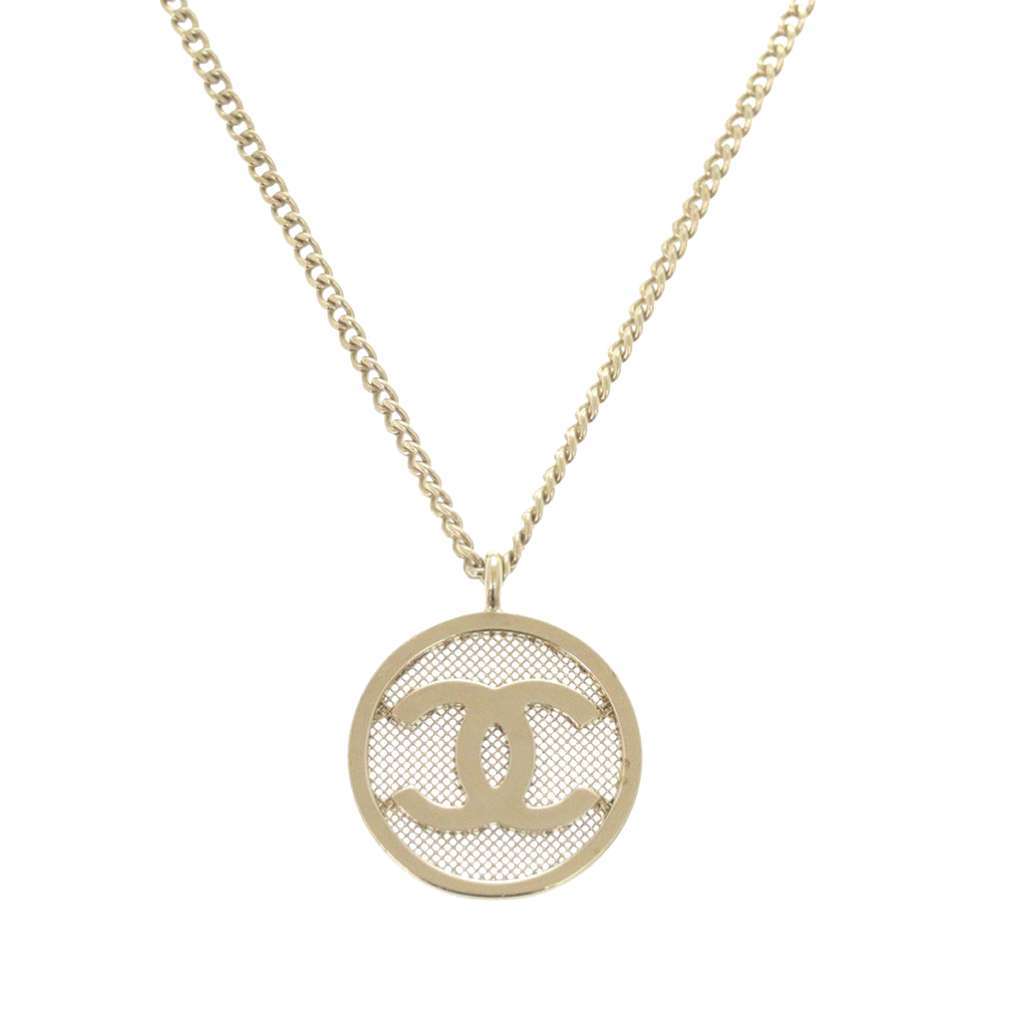 Chanel Gold Plated CC Mesh Round Pendant Necklace Gold Metal Very good - Back View
