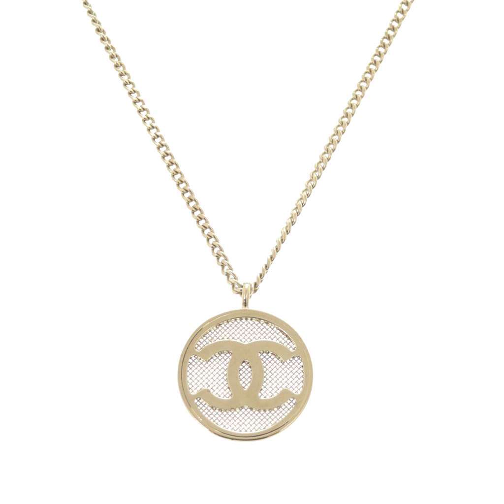 Chanel Gold Plated CC Mesh Round Pendant Necklace Gold Metal Very good - Inside View