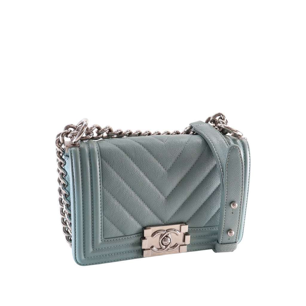 Chanel Small Chevron Caviar Boy Flap Blue Leather Very good - Back View