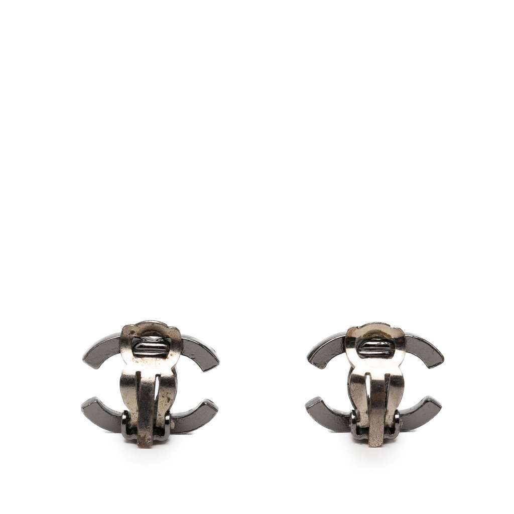 Chanel CC Brass Strass Lacquered Clip On Earrings Black Brass Very good - Back View