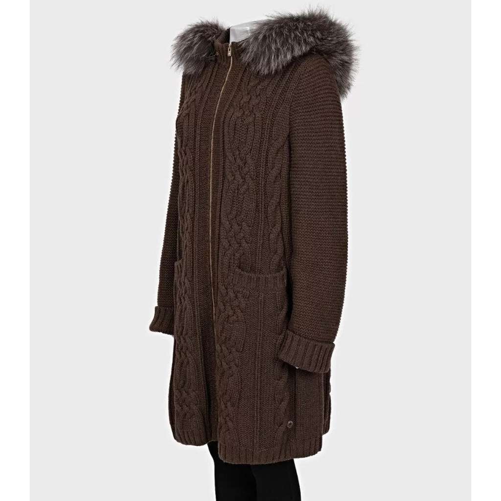 Loro Piana Hooded Trim Cardigan Coat Brown Leather Very good condition - Back View