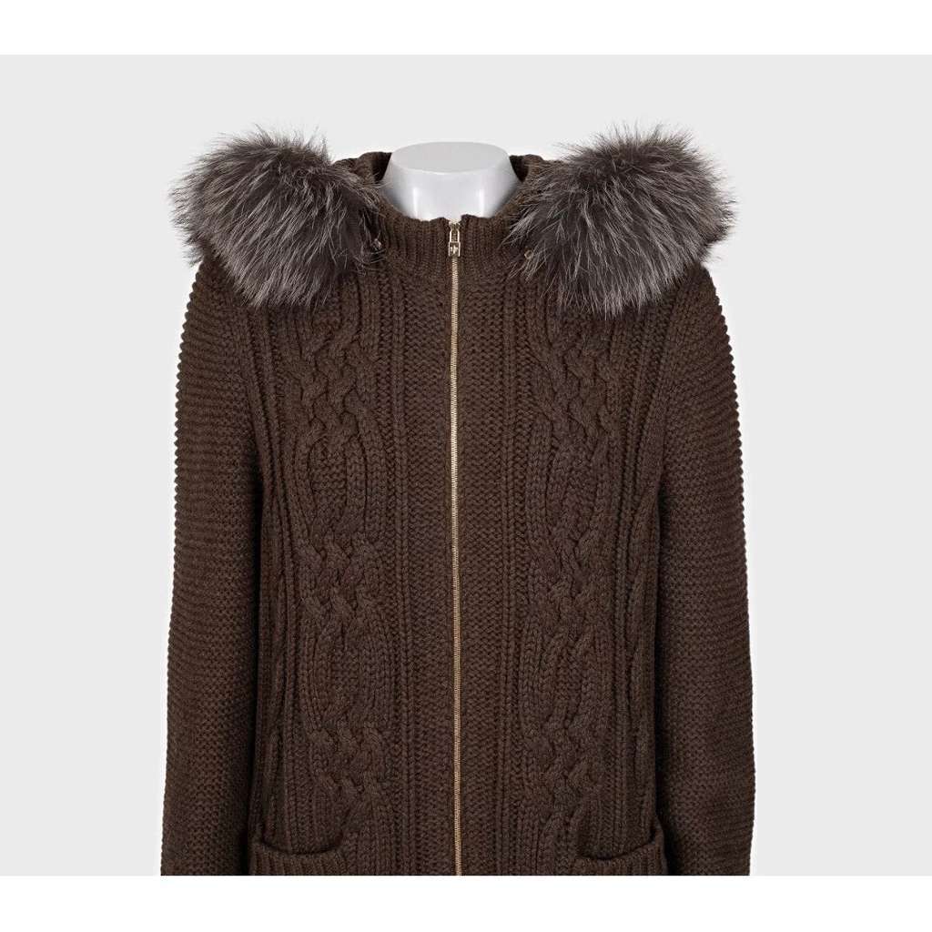 Loro Piana Hooded Trim Cardigan Coat Brown Leather Very good condition - Model View