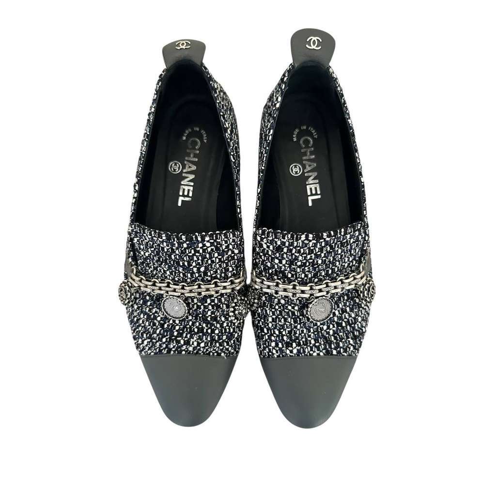 Chanel Chain Cap Toe Loafers Black Tweed Very good condition - Inside View