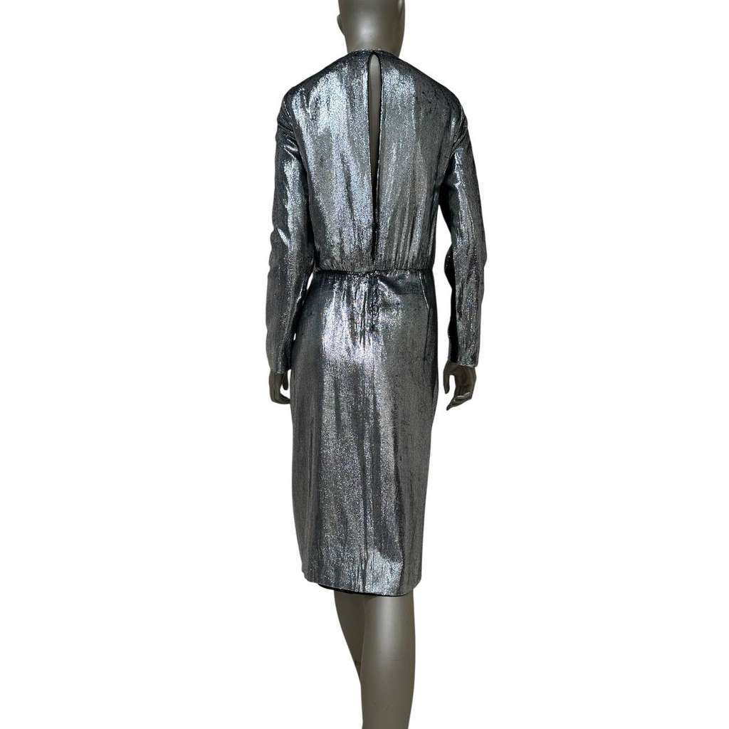 Saint Laurent Metallic Printed Midi Dress Silver Cotton Very good condition - Back View