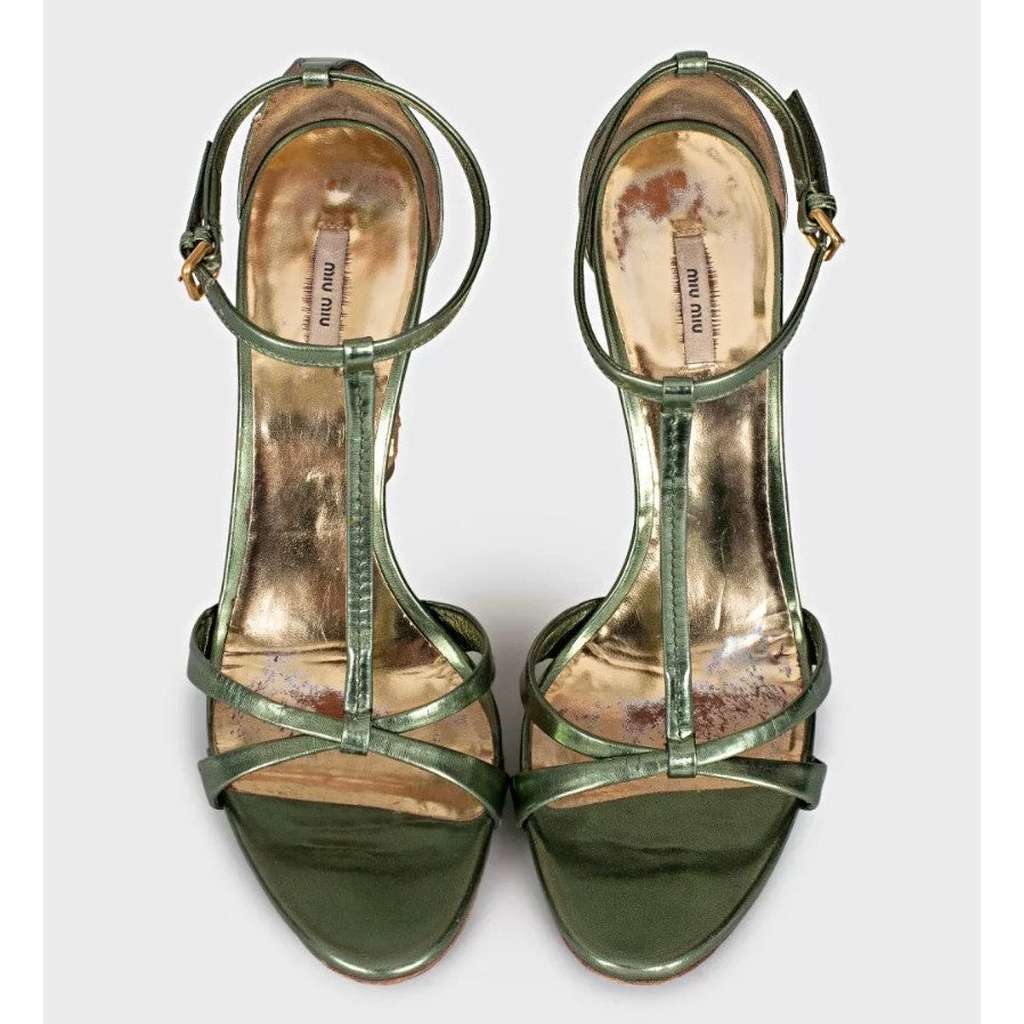 Miu Miu Block Heel Sandals Green Leather Very good condition - Back View